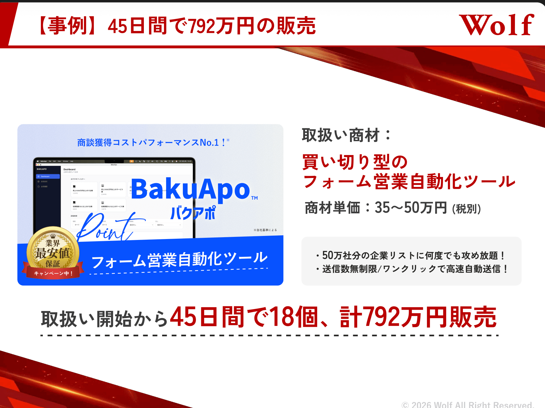 事例：45日間で792万円の販売
