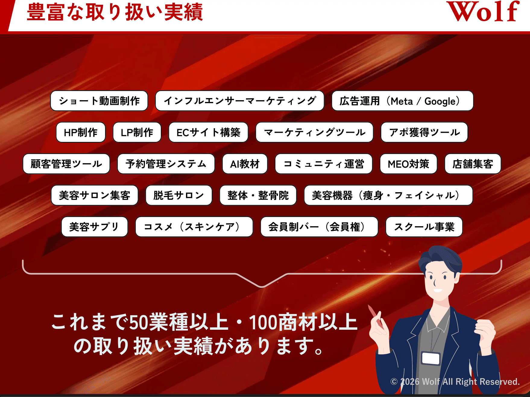 豊富な取り扱い実績：50業種以上・100商材以上
